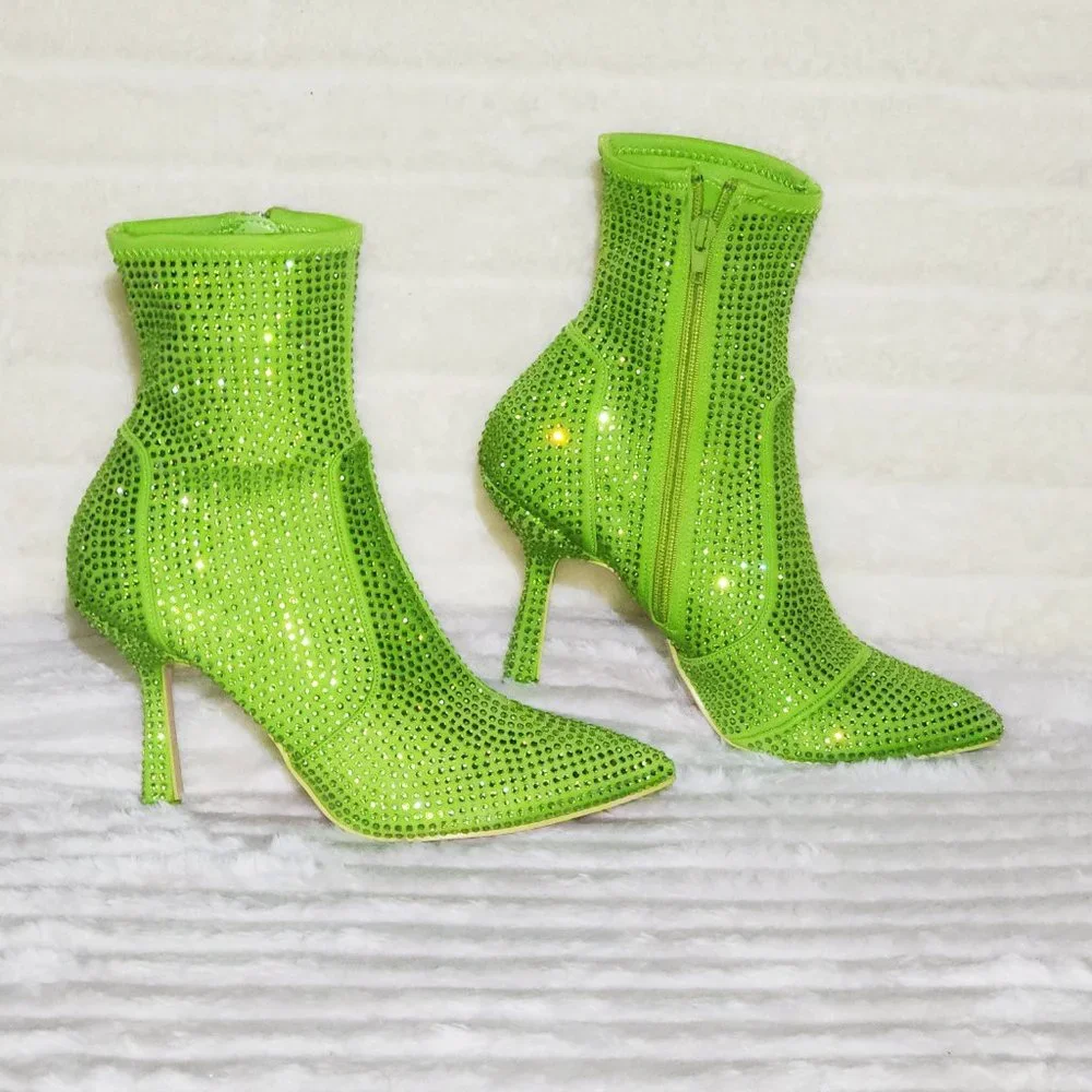 Stunning Bright Green Stretch Rhinestone Ankle Boots 3.5